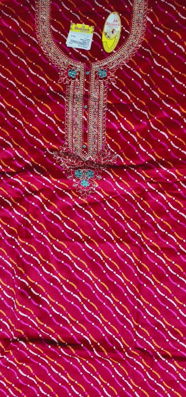 Elegant Maroon Bandhani Suit with Embroidered Neckline - Red - Picture 2
