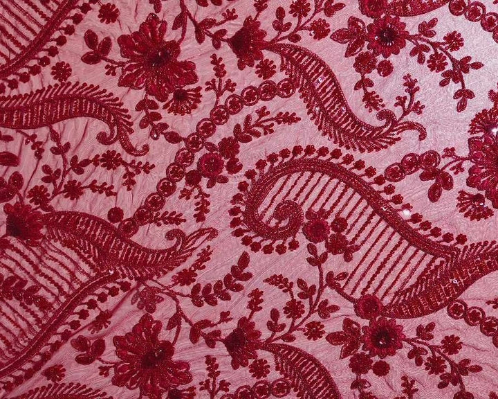 Elegant Ruby Red Floral Embroidered Fabric - Red - Picture 2