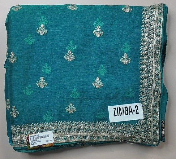 Elegant Teal Zari Embroidered Saree - Teal - Picture 1