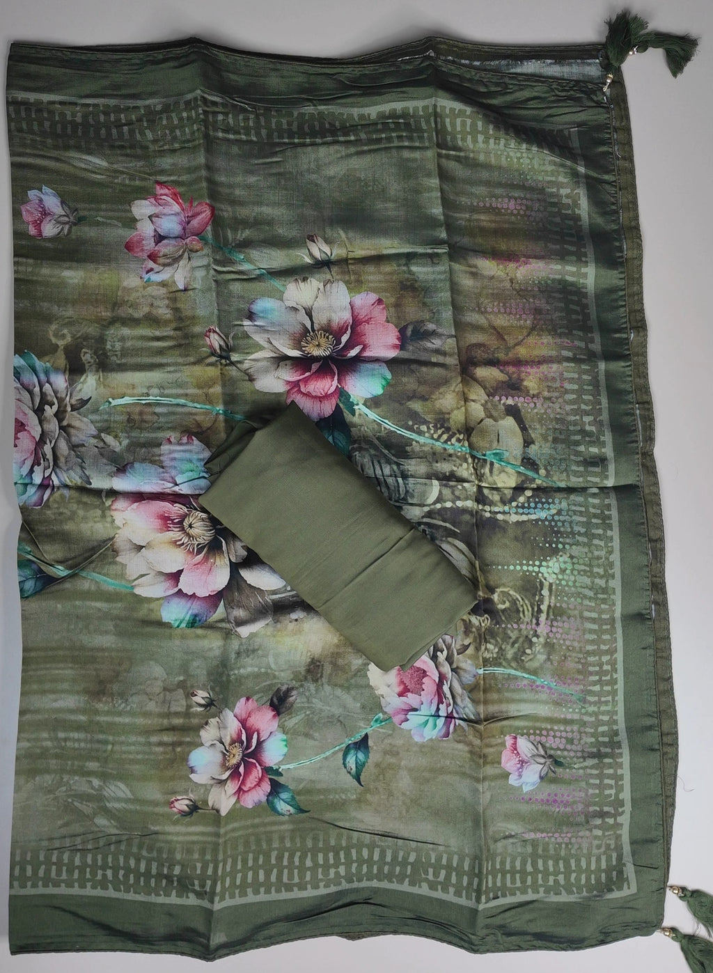 Elegant Floral Green Digital Print Suit - Olive green - Picture 2