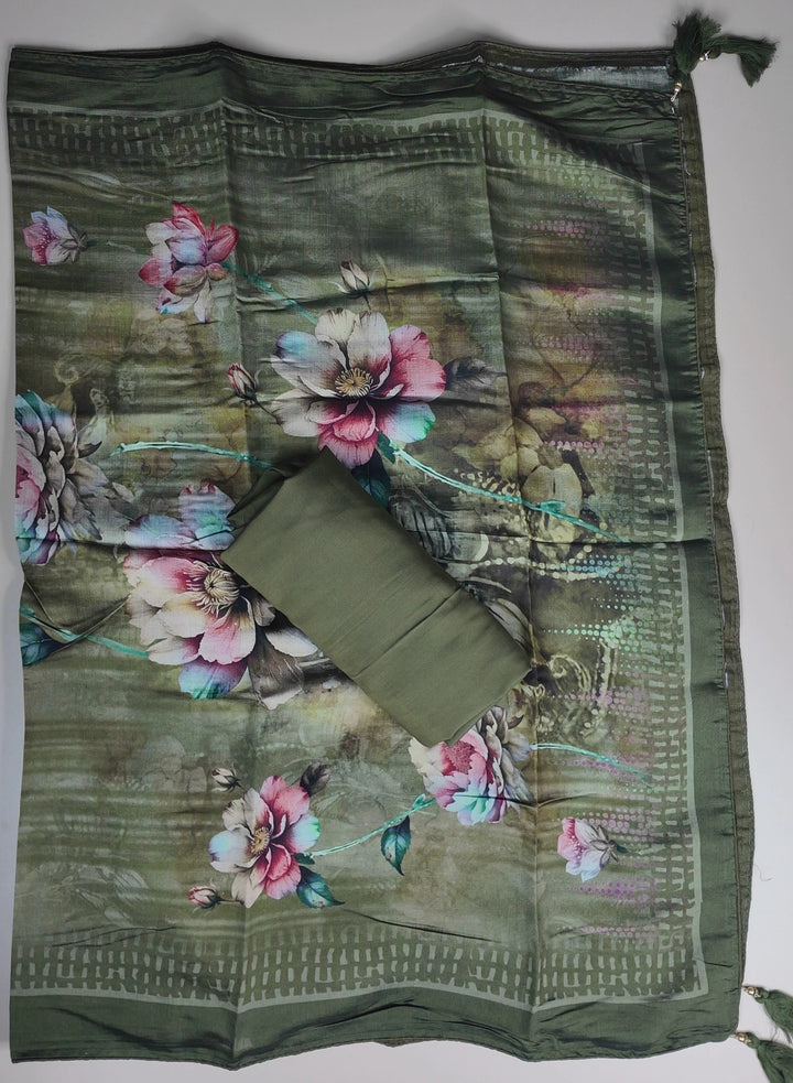 Elegant Floral Green Digital Print Suit - Olive green - Picture 2