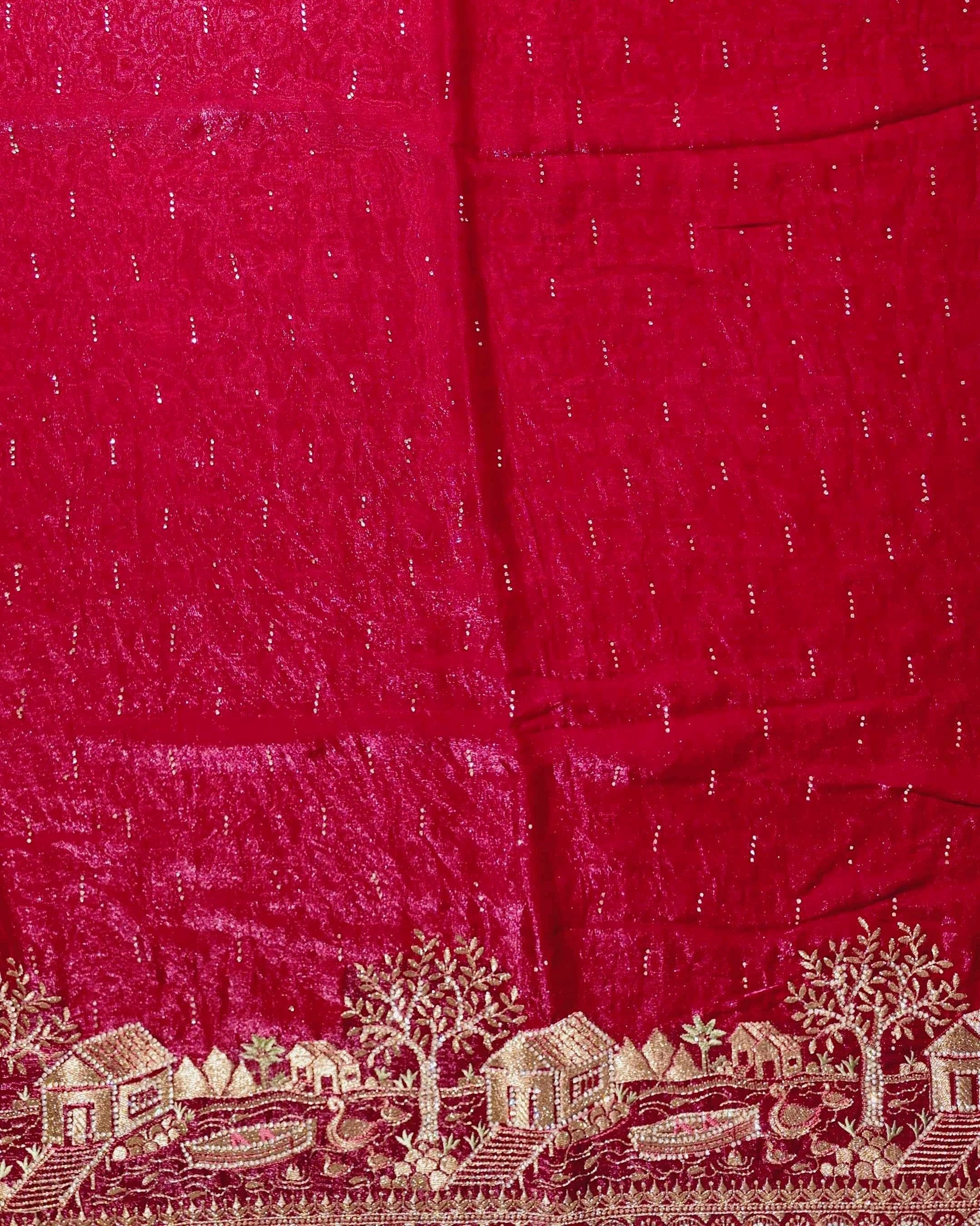 Elegant Red Velvet Saree with Gold Embroidery - Red - Picture 2