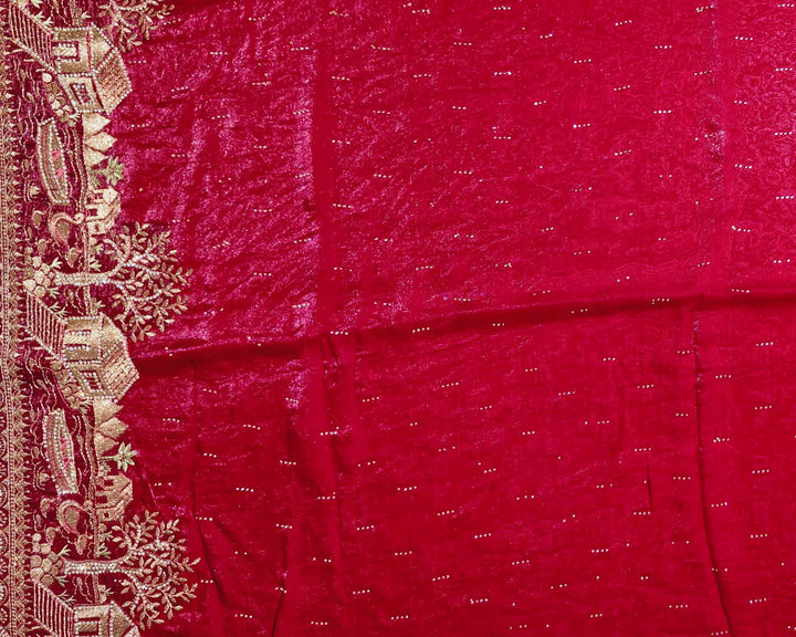 Elegant Red Velvet Saree with Gold Embroidery - Red - Picture 2