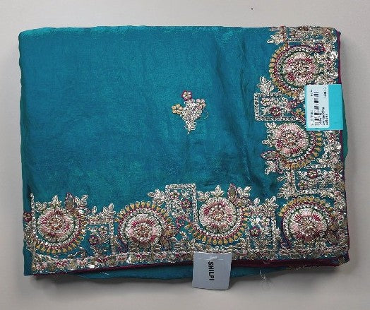 Teal Embroidered Silk Saree with Floral Borders - Teal - Picture 1