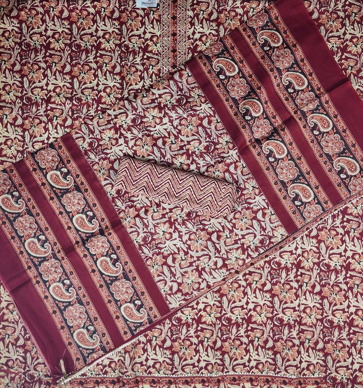 Maroon Floral Cotton Saree with Intricate Border - Maroon - Picture 5