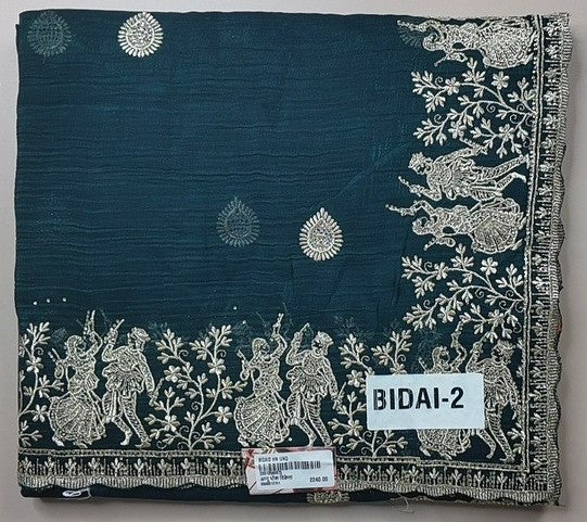 Elegant Teal Embroidered Saree with Zari Border - Dark teal - Picture 1