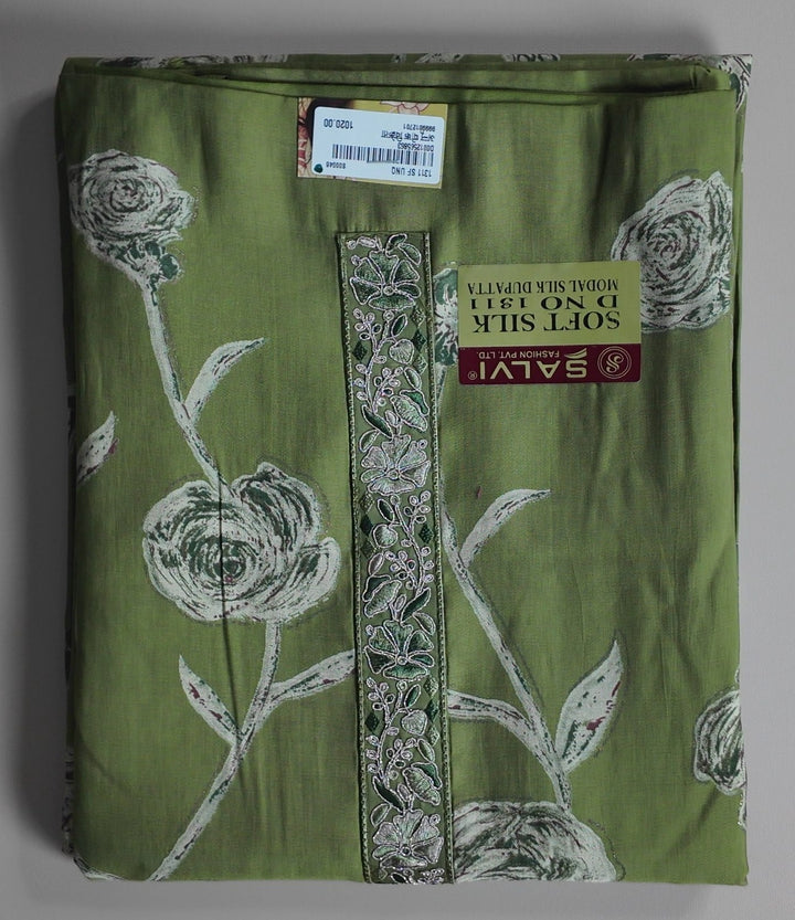 Elegant Green Floral Soft Silk Suit - Olive green - Picture 1