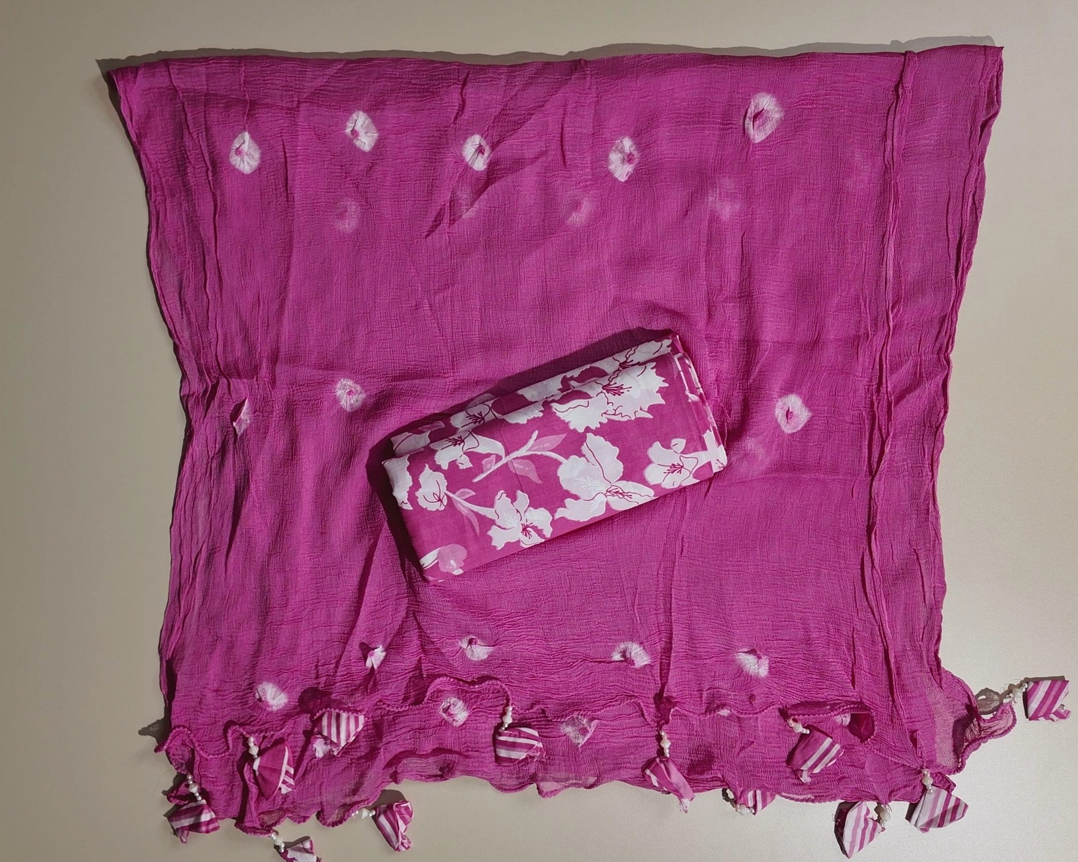 Vibrant Pink Striped Floral Embroidered Suit - Pink - Picture 5