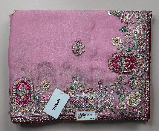 Blush Pink Embroidered Chiffon Saree - Pink - Picture 1