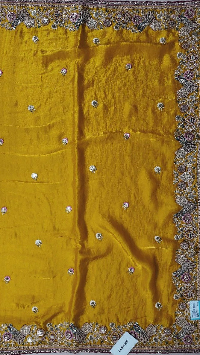 Golden Mustard Embroidered Silk Saree - Mustard yellow - Picture 3