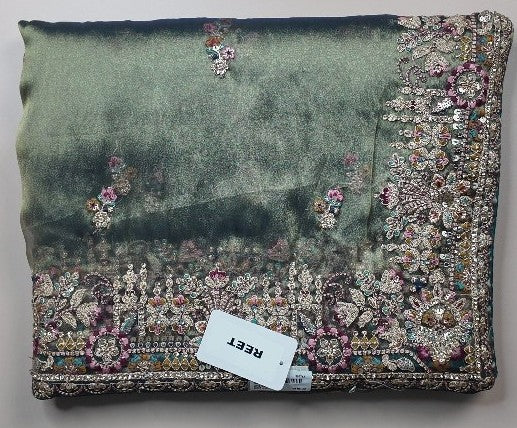 Elegant Grey Embroidered Silk Saree - Olive green - Picture 1