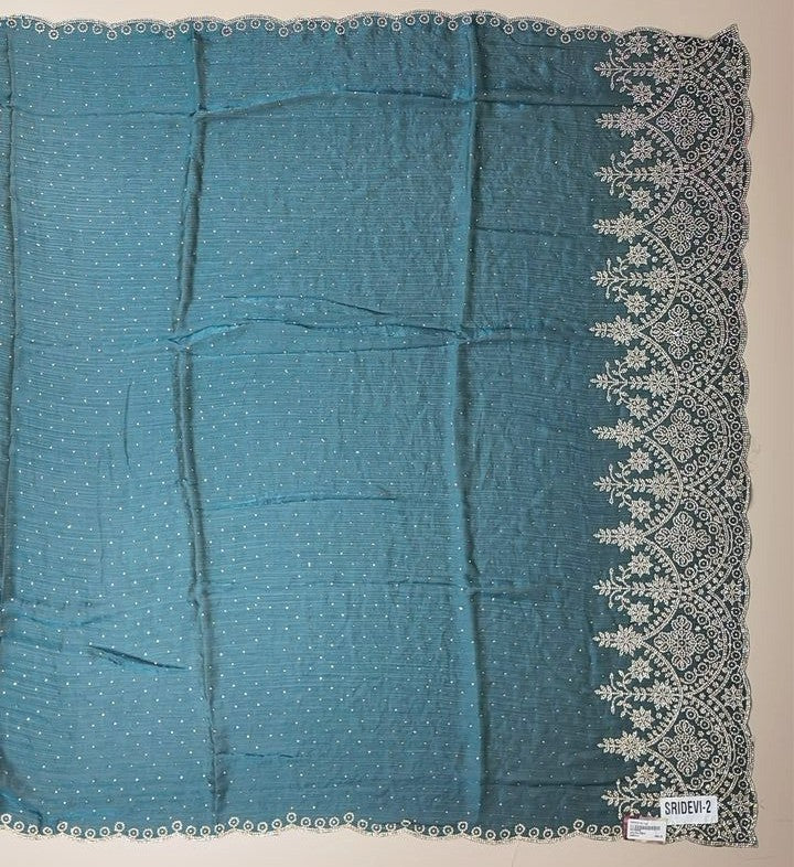 Teal Elegance: Embroidered Georgette Saree - Teal - Picture 4