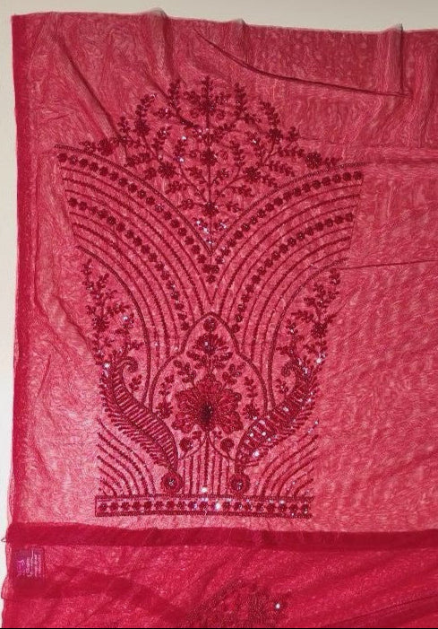 Elegant Ruby Red Floral Embroidered Fabric - Red - Picture 5