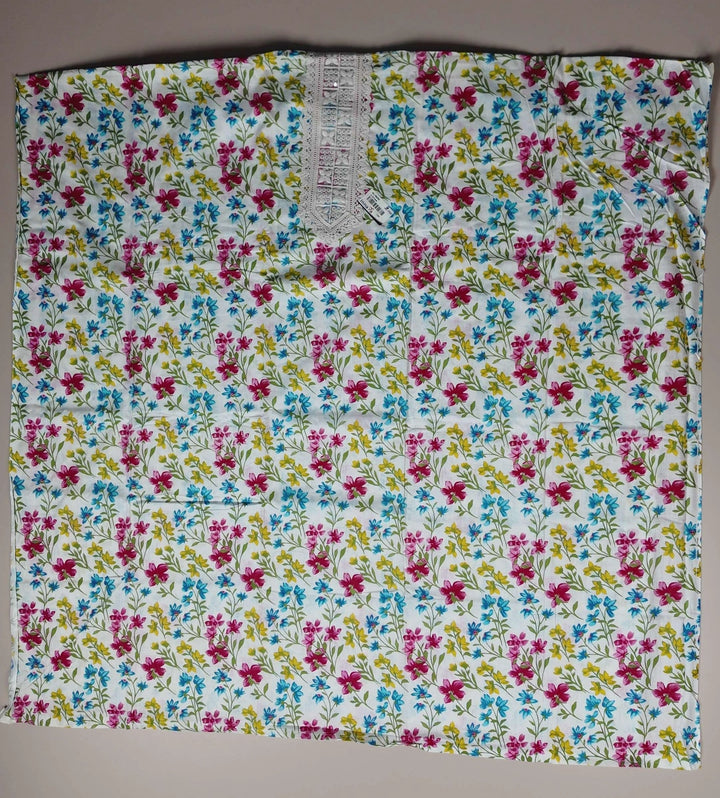 Vibrant Floral & Lace Kurta Fabric Set - White - Picture 2