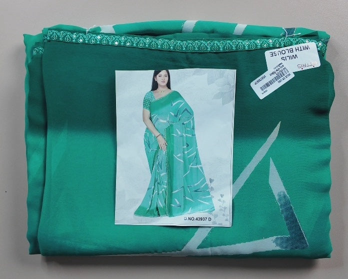 Elegant Teal Geometric Design Saree with Blouse - Light Blue - Picture 3