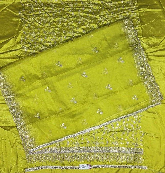 Vibrant Lime Green Embroidered Silk Saree - Lime Green - Picture 4