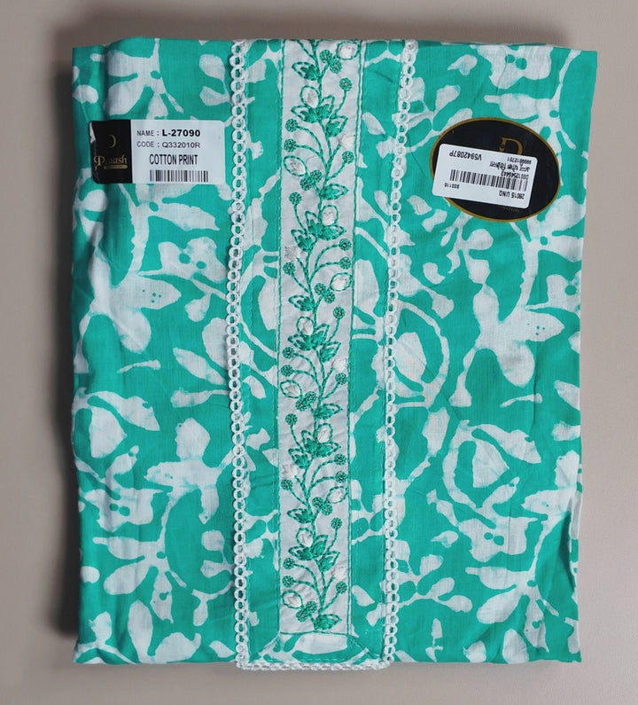 Aqua Elegance: Floral Cotton Kurti Set - Turquoise - Picture 1