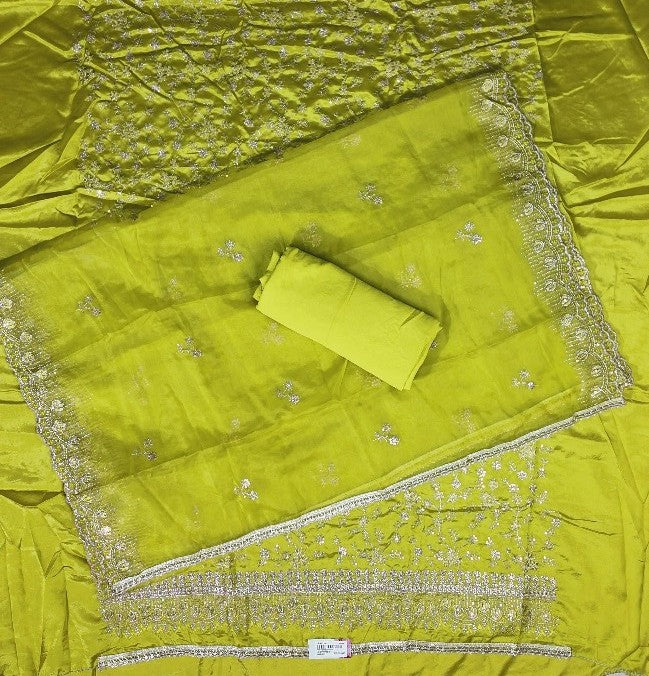Vibrant Lime Green Embroidered Silk Saree - Lime Green - Picture 5