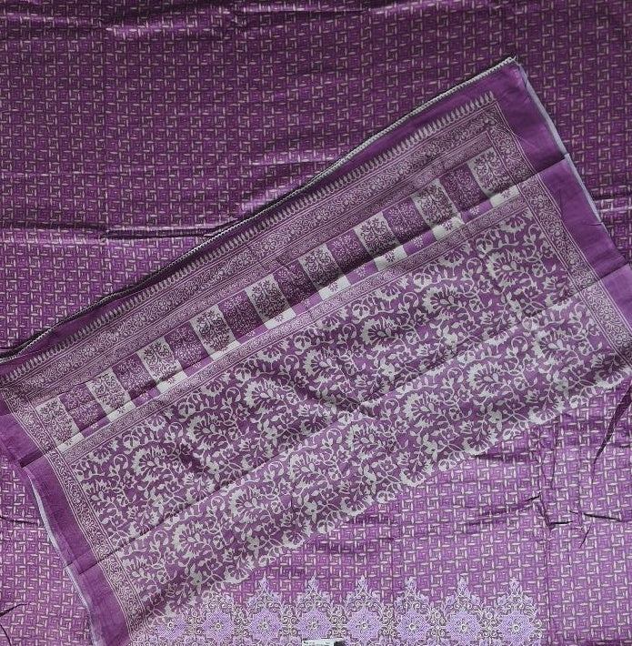 Elegant Purple Geometric Pattern Silk Suit - Purple - Picture 4