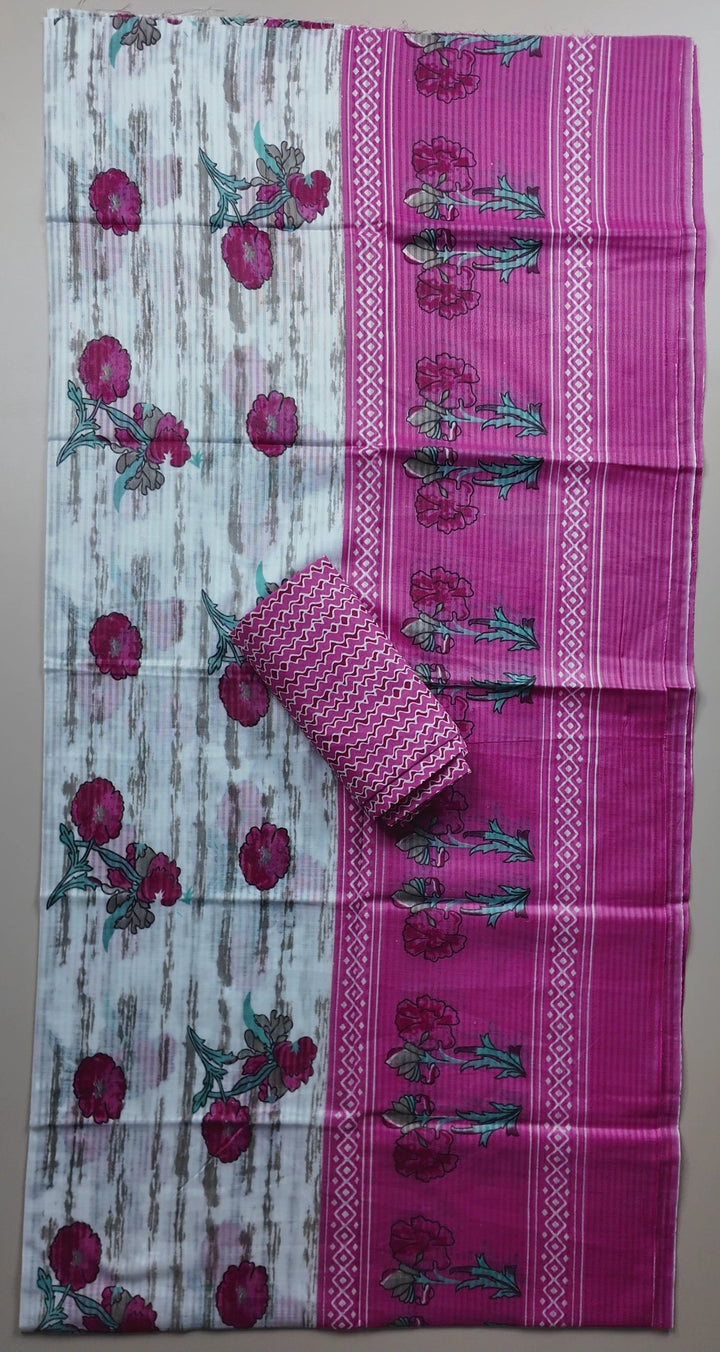 Elegant Pink Floral Printed Cotton Suit Set - White - Picture 6