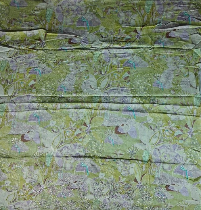 Elegant Lime Green Floral Chiffon Saree - Lime Green - Picture 3