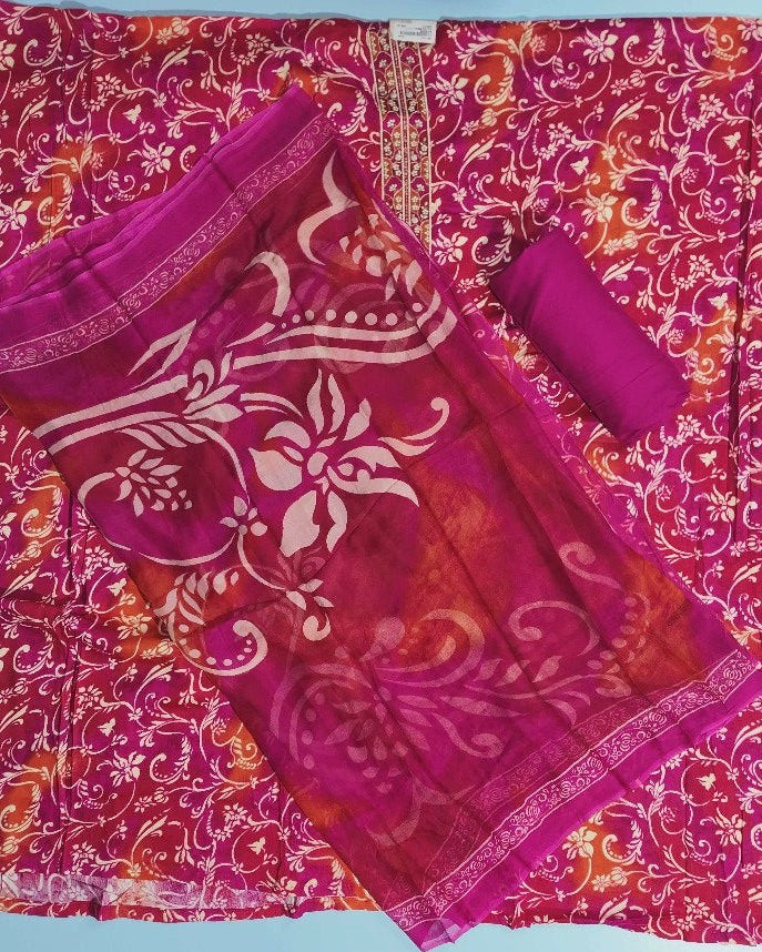 Vibrant Pink Floral Suit with Embroidered Border - Crimson Red - Picture 4