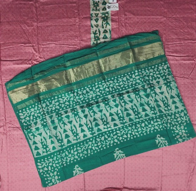 Elegant Pink and Green Block Print Cotton Saree - Pink - Picture 5