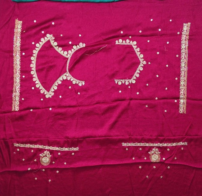 Teal Embroidered Silk Saree with Floral Borders - Teal - Picture 2
