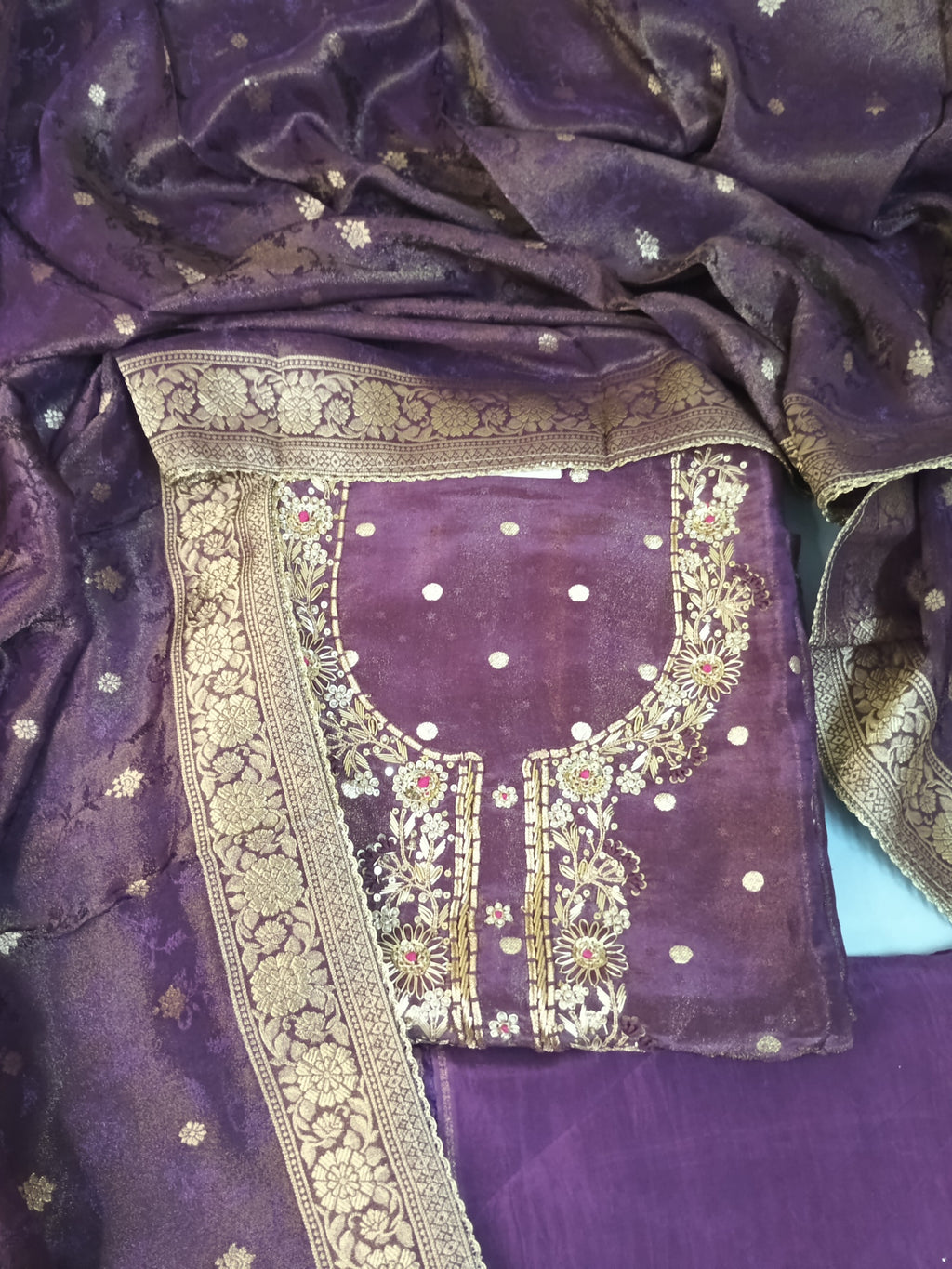 Royal Purple Valvet Suit with Heavy Zari Embroidery & Banarasi Women Duptta