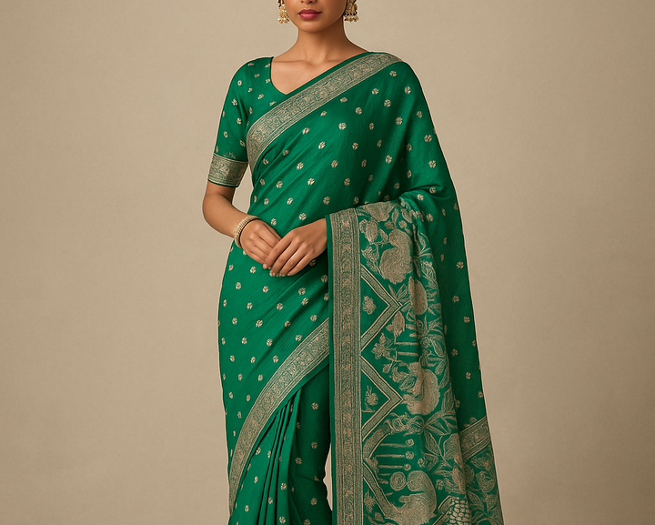 Emerald Green Banarasi Silk Saree with Gold Zari - Green - Picture 2