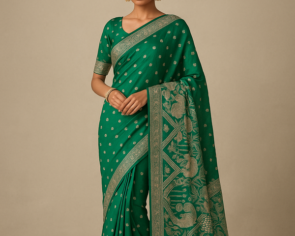 Emerald Green Banarasi Silk Saree with Gold Zari - Green - Picture 1