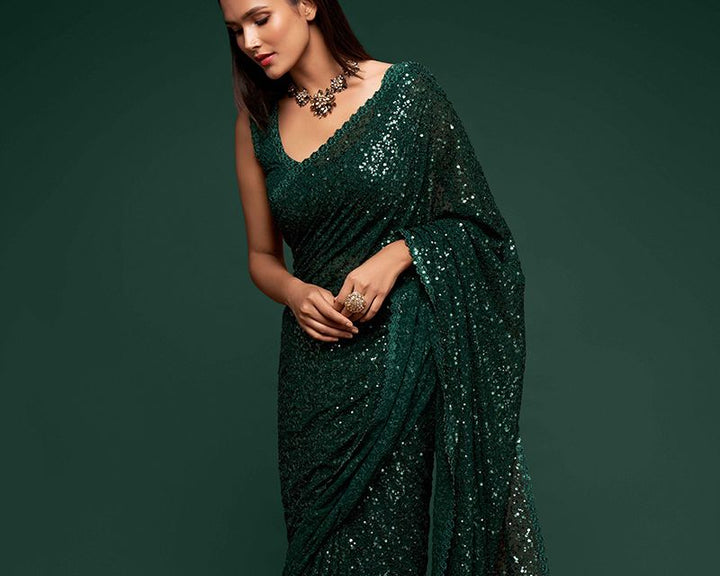 Emerald Green Sequin Glam Saree - Dark green - Picture 1