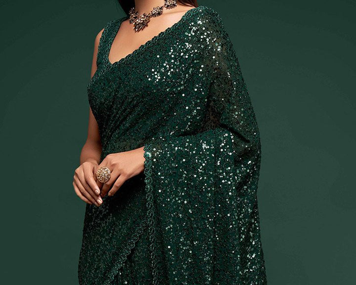 Emerald Green Sequin Glam Saree - Dark green - Picture 3